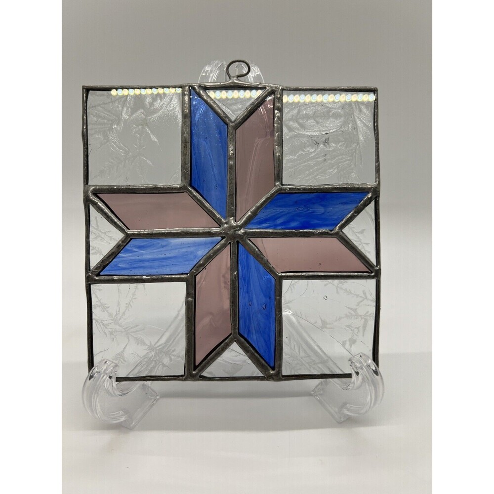 Vintage Stained Glass panel 5” X 5” Quilting Square Pink And Blue Cross Shape